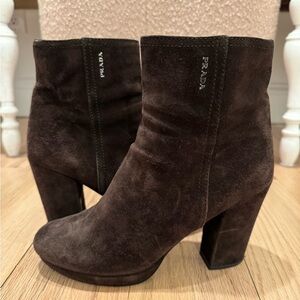 Prada Women's Brown Suede Block Heel Boots (size 37)